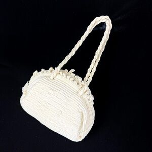 Vintage 1950s White Macrame Handbag Boho Vegan Top Handles Purse Wedding Prom